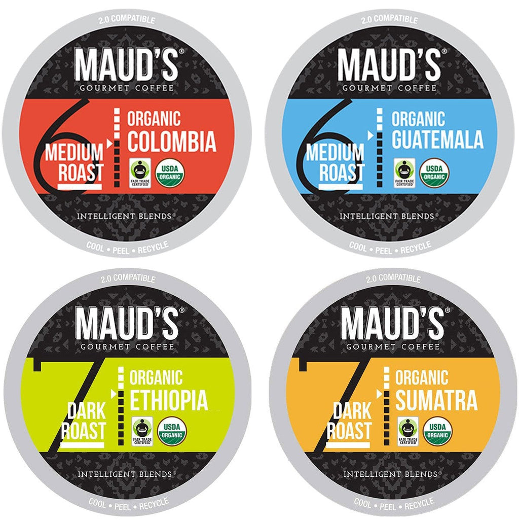 Maud's Organic Single-Origin Fair-Trade Coffee Pods Variety Bundle (4 Blends) - 96 Pods