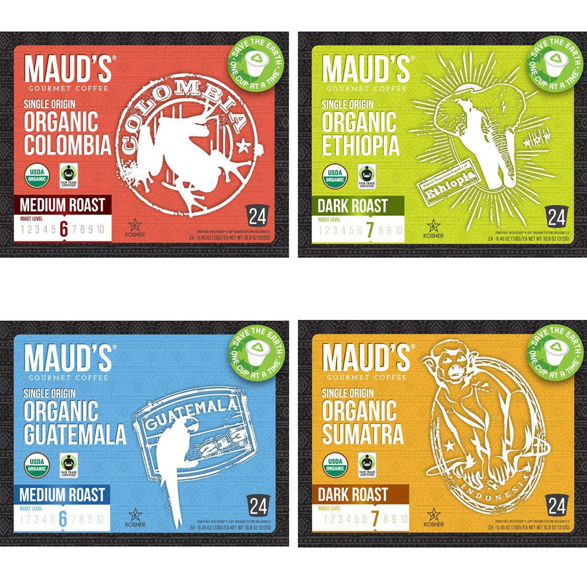 Maud's Organic Single-Origin Fair-Trade Coffee Pods Variety Bundle (4 Blends) - 96 Pods