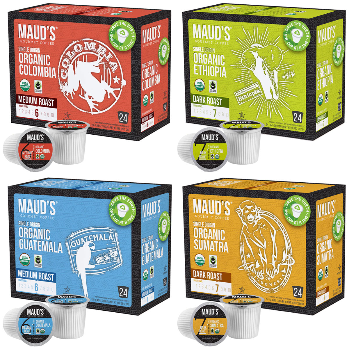 Maud's Organic Single-Origin Fair-Trade Coffee Pods Variety Bundle (4 Blends) - 96 Pods