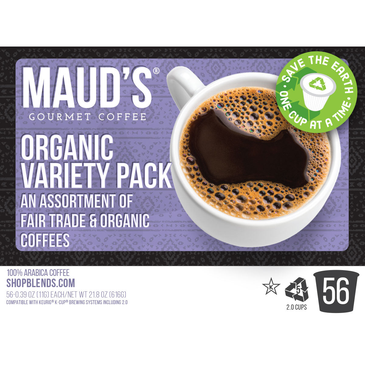 Maud's Organic Fair-Trade Coffee Pods Variety Pack (8 Blends) - 56 Pods