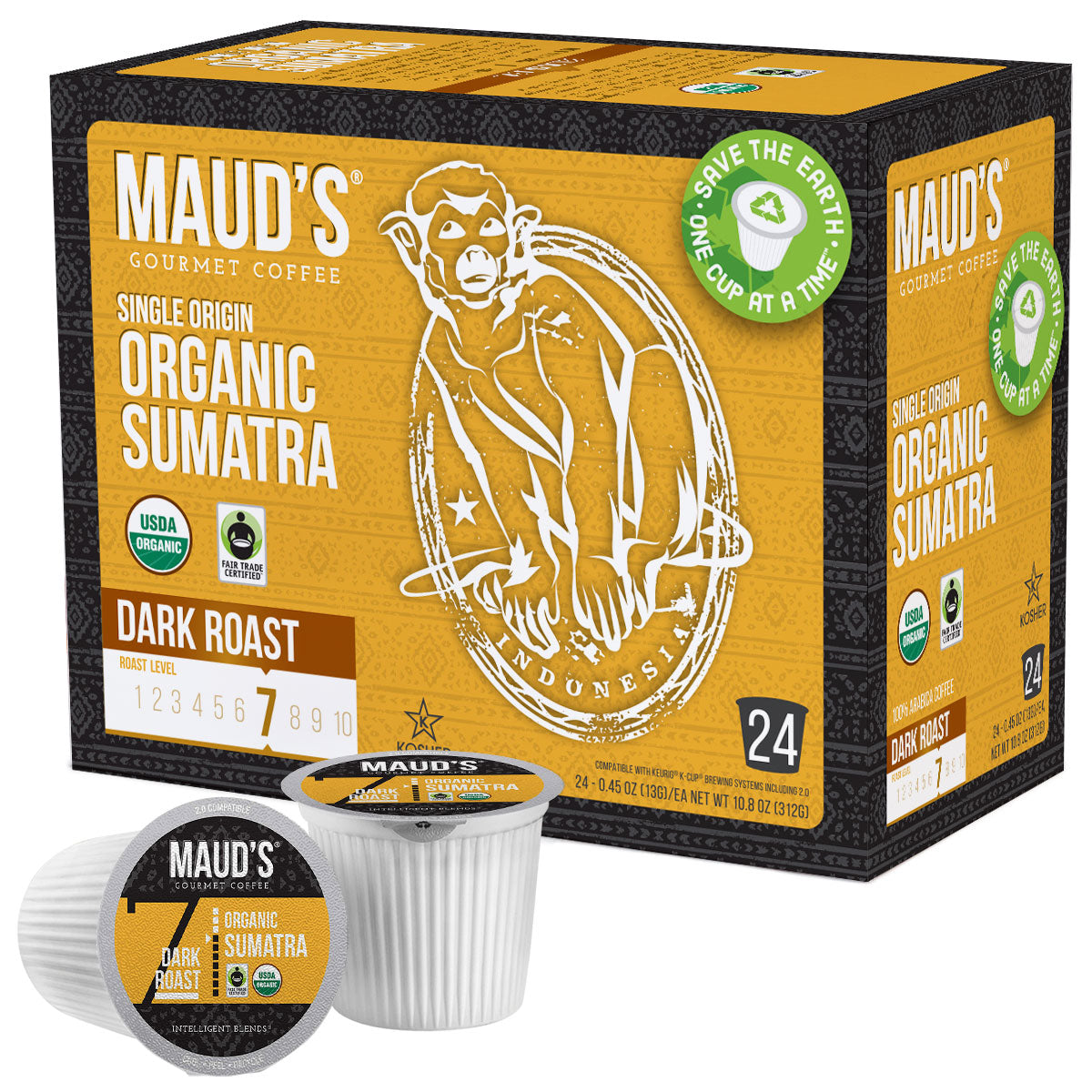 Maud's Organic Single-Origin Fair-Trade Sumatra Dark Roast Coffee Pods