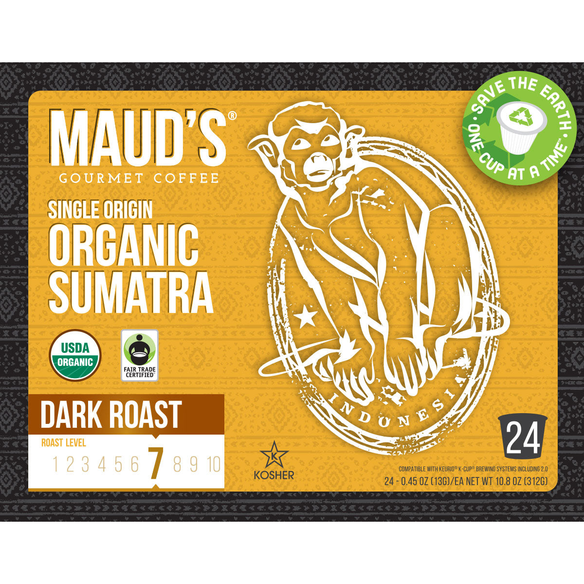 Maud's Organic Single-Origin Fair-Trade Sumatra Dark Roast Coffee Pods
