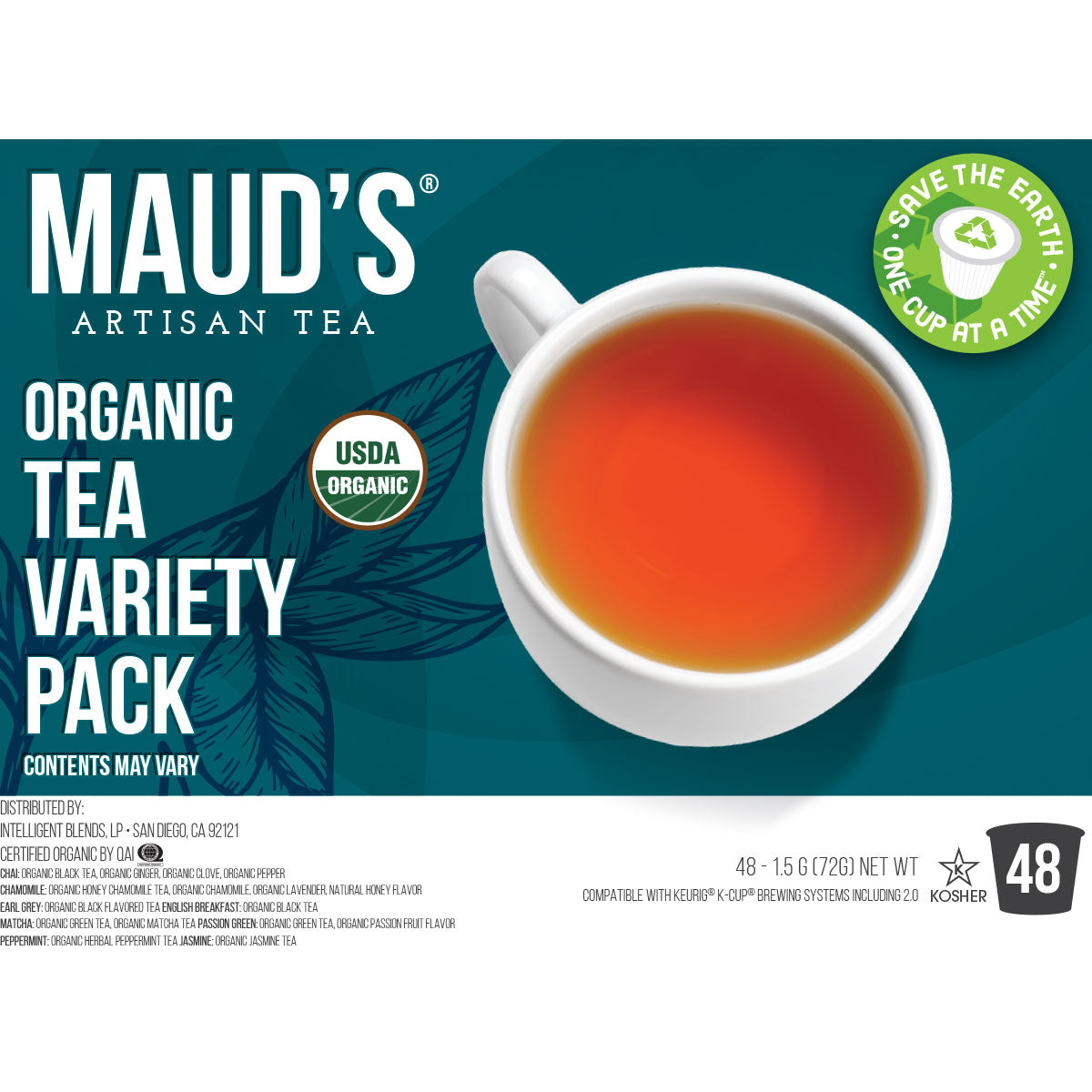 Maud's Organic Tea Pods Variety Pack (8 Blends) - 48 Pods