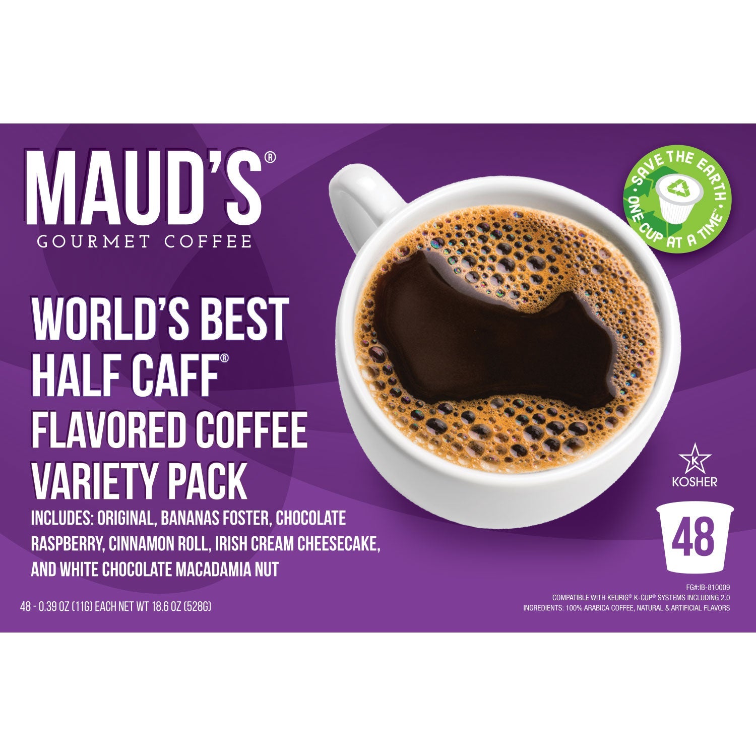 Maud's World's Best Half Caff Flavored Coffee Pods Variety Pack (6 Blends) - 48 Pods