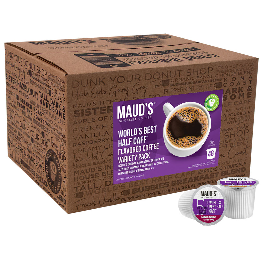 Maud's World's Best Half Caff Flavored Coffee Pods Variety Pack (6 Blends) - 48 Pods